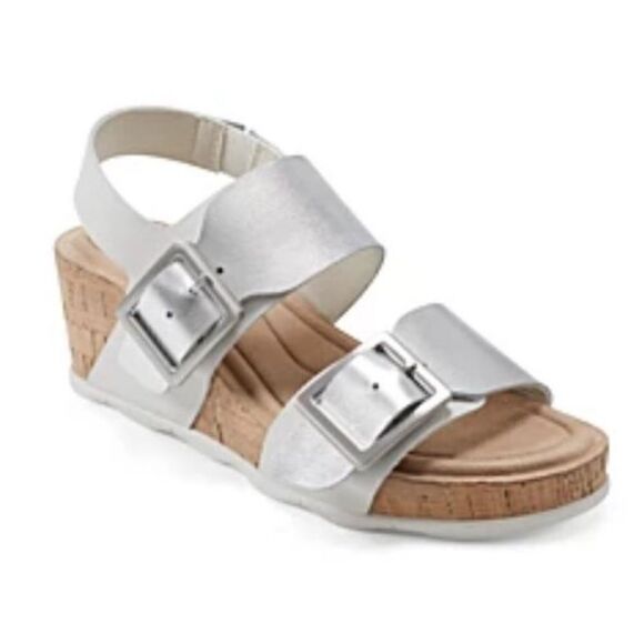 Earth Sandals Womens Size 5 Silver Leather Mid Cork Wedges Open Toe Heels - Picture 1 of 8
